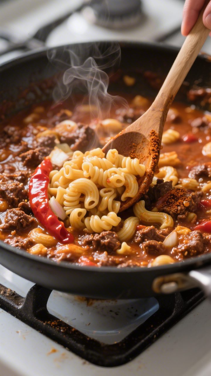 Cooking process close-up: A deep skillet of simmering canned beef chili enriched with toasted chili