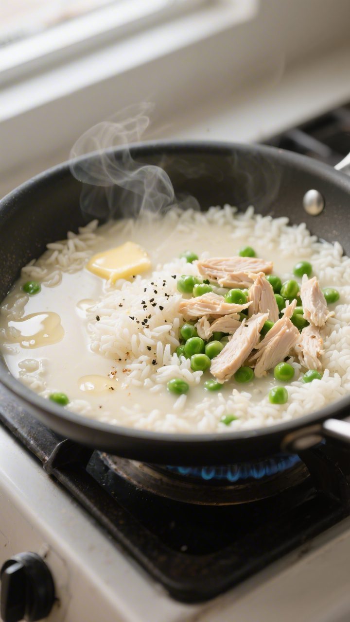 Cooking process, close-up: A deep skillet on low heat with creamy rice gently simmering—long-grain
