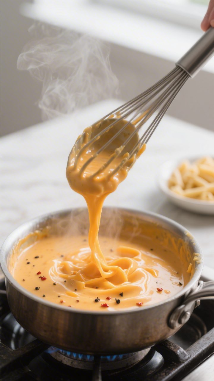 Cooking process close-up: A glossy, velvety cheddar cheese sauce being whisked in a small pot on the