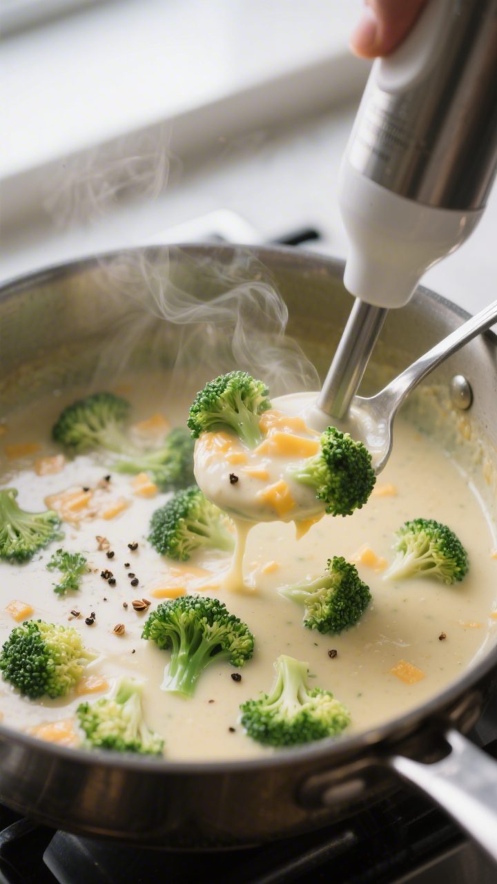 Cooking process close-up: A heavy pot on the stovetop with the just-simmered broccoli cheddar base b