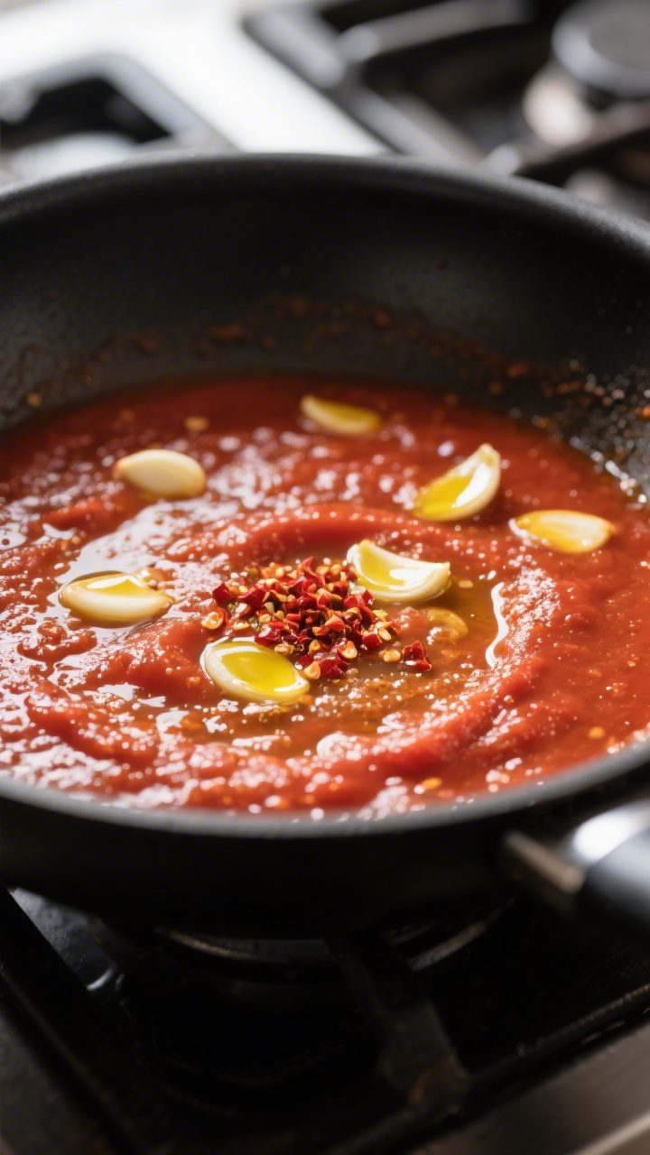 Cooking process close-up: A large skillet of simmering canned tomato sauce with gently golden, slice