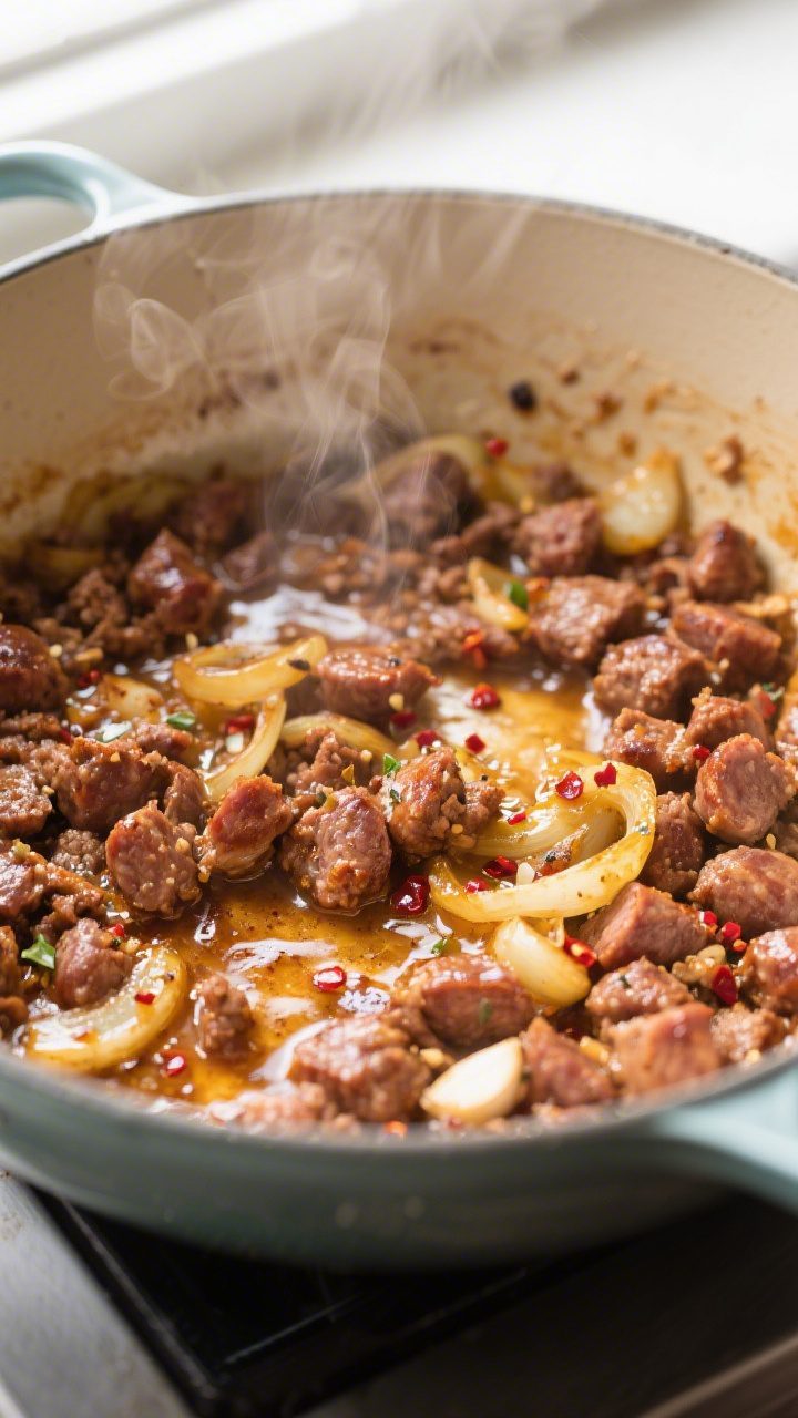 Cooking process, close-up: Browning Italian sausage crumbles in a Dutch oven until deeply caramelize