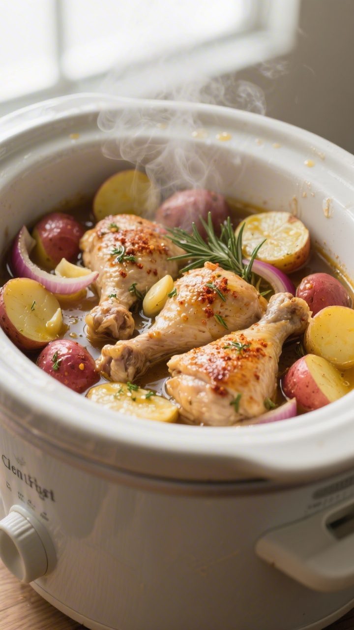 Cooking process close-up: Crockpot chicken thighs nestled over halved baby gold and red potatoes wit