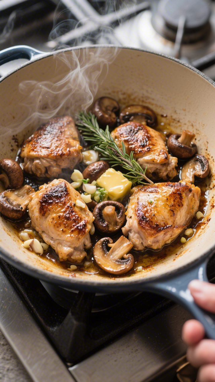 Cooking process close-up: Deeply browned cremini mushrooms and seared chicken thigh pieces sizzling