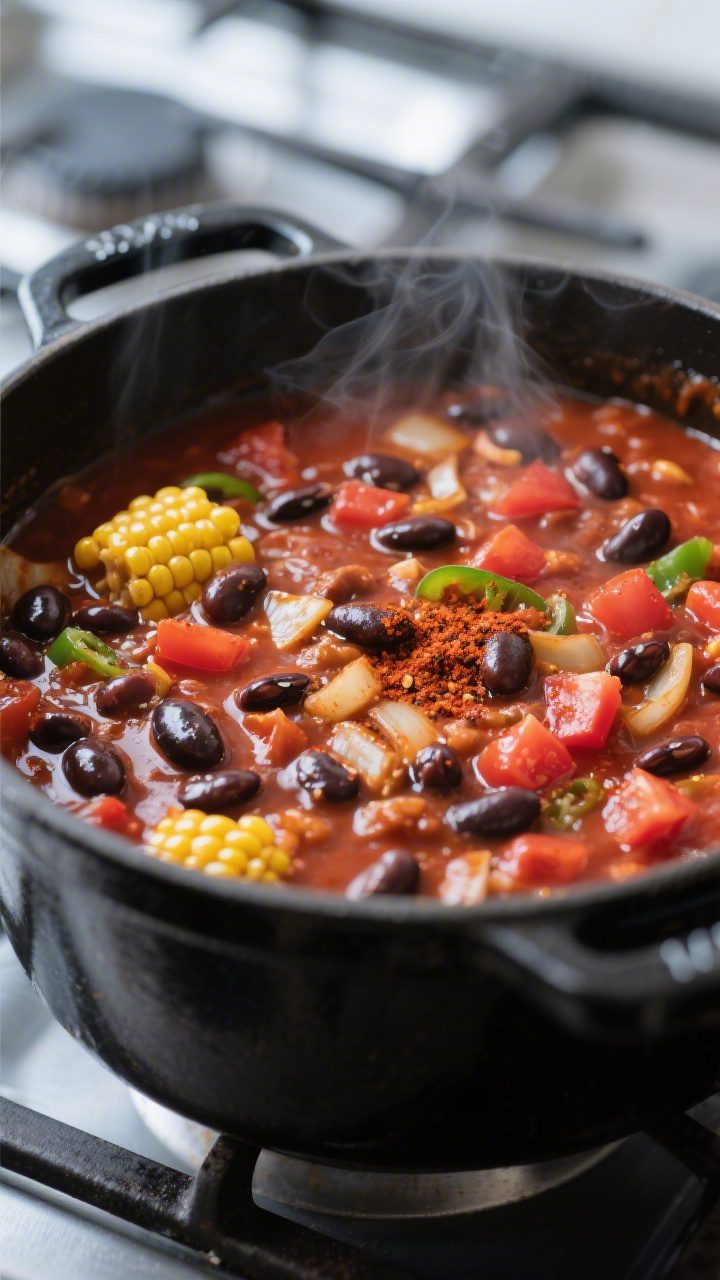 Cooking process, close-up detail: A tight, steamy shot of pantry chili mid-simmer in a matte black D
