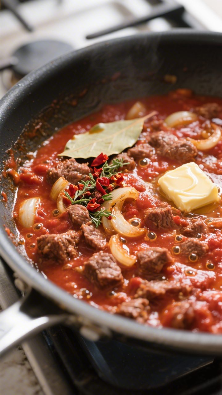Cooking process, close-up detail: A wide skillet of simmering canned meat sauce boosted with caramel