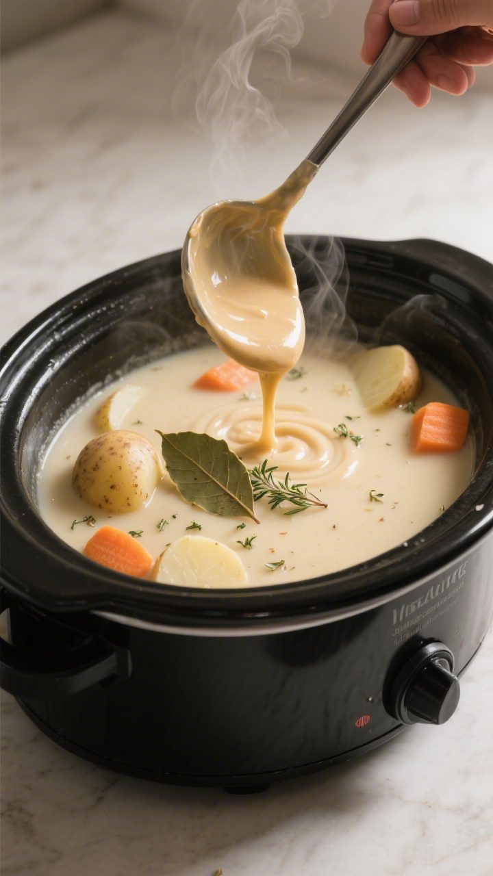 Cooking process, close-up detail: Close-up of creamy potato soup mid-cook inside a matte-black slow