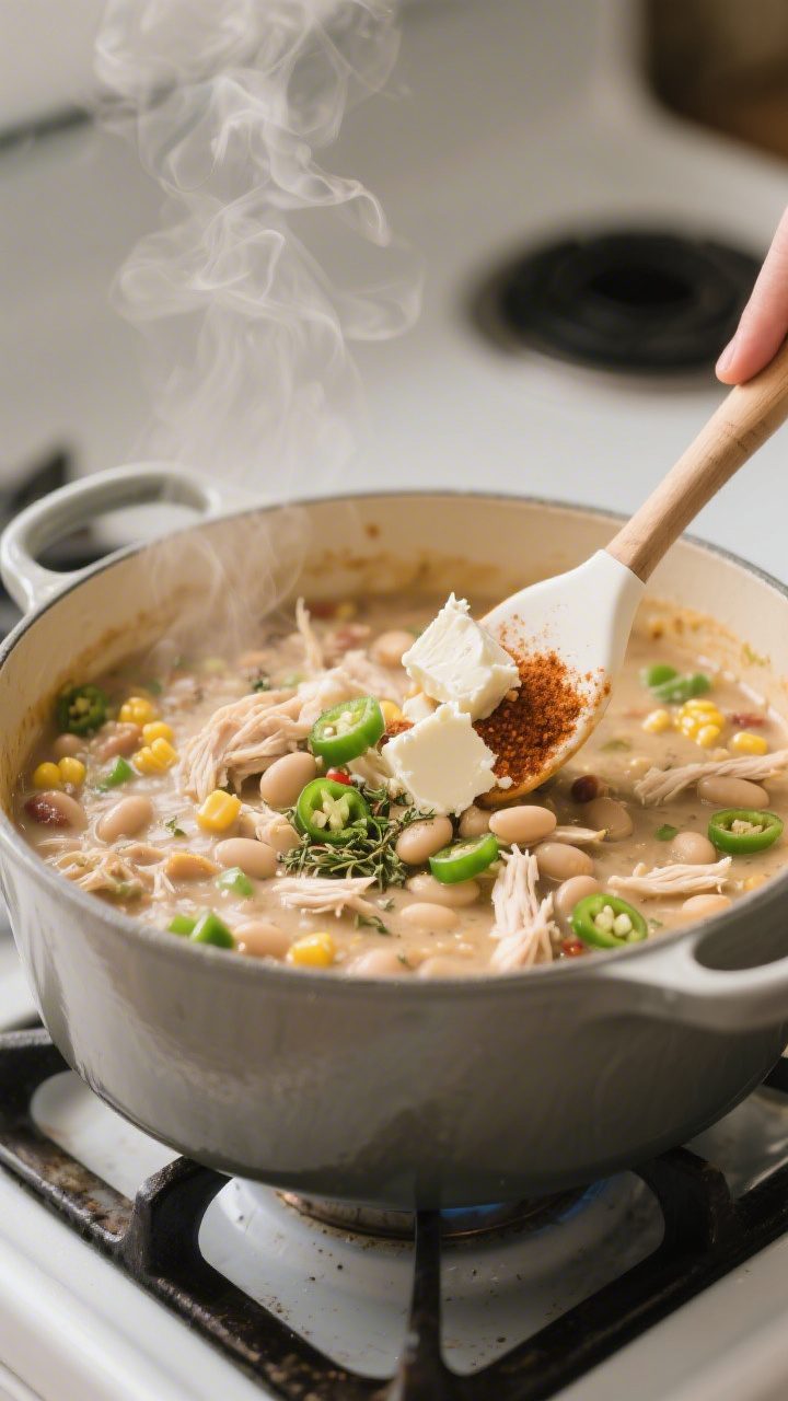 Cooking process close-up: Dutch oven on the stove with white chicken chili gently simmering after th