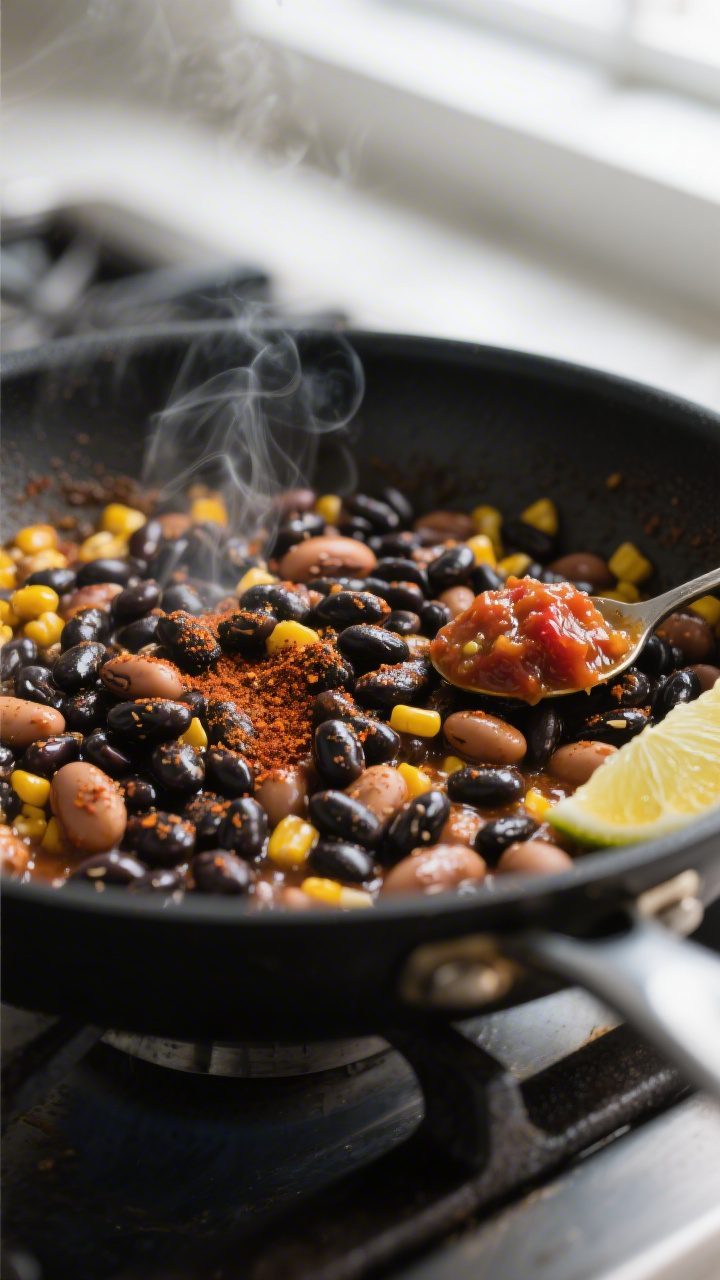 Cooking process close-up: In a matte black skillet over medium heat, glistening black beans and pint