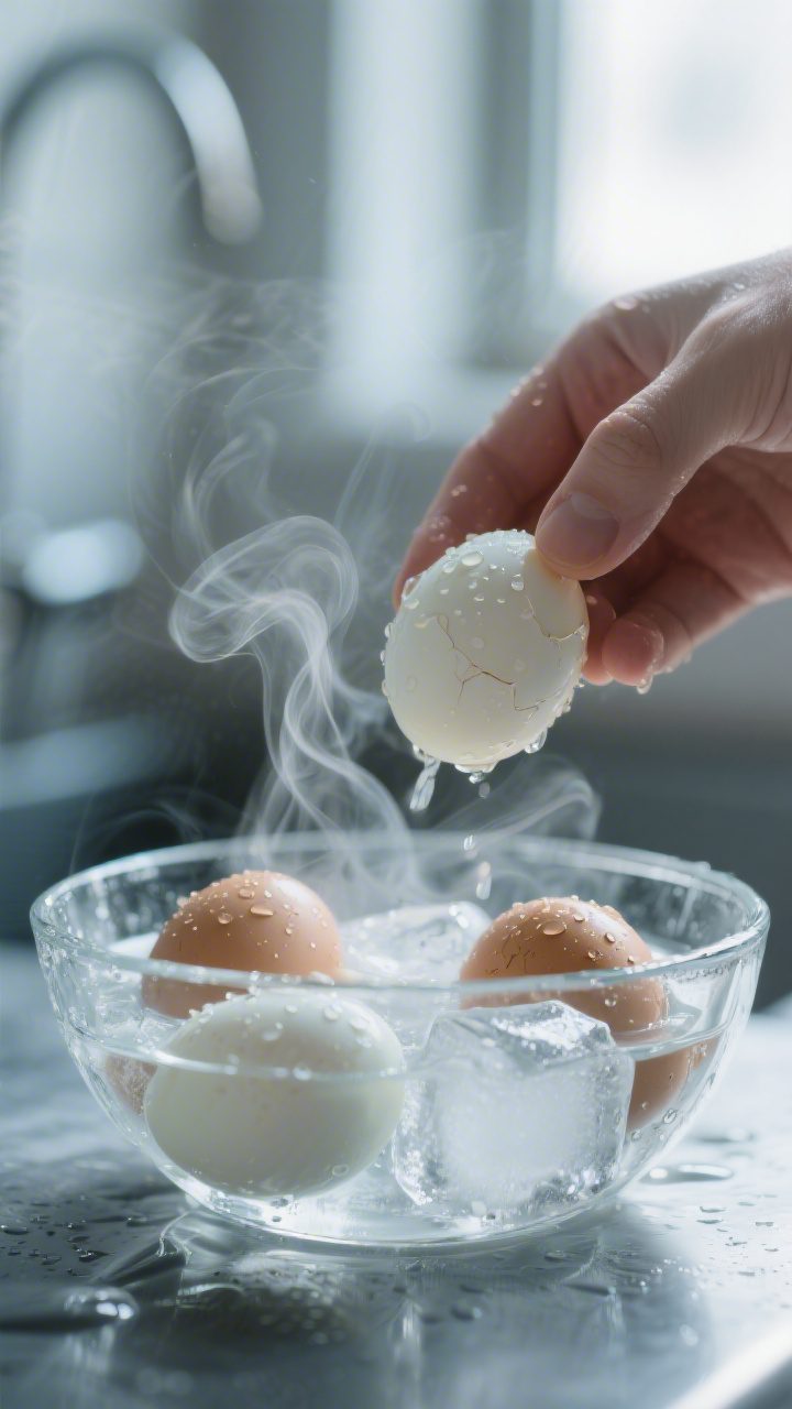 Cooking process close-up: Just-cooked hard-boiled eggs being transferred into a clear bowl of ice wa
