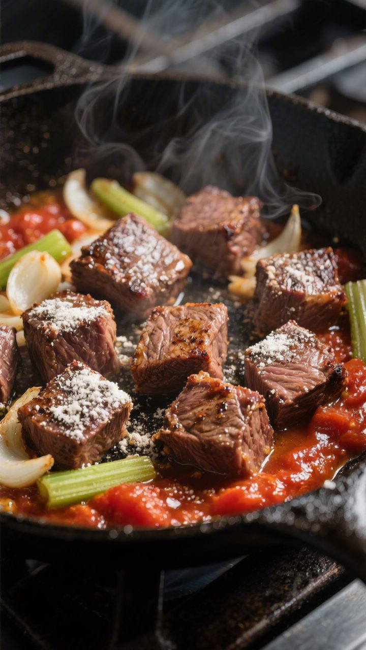 Cooking process close-up: Searing floured beef chuck cubes in a heavy skillet until deeply browned o