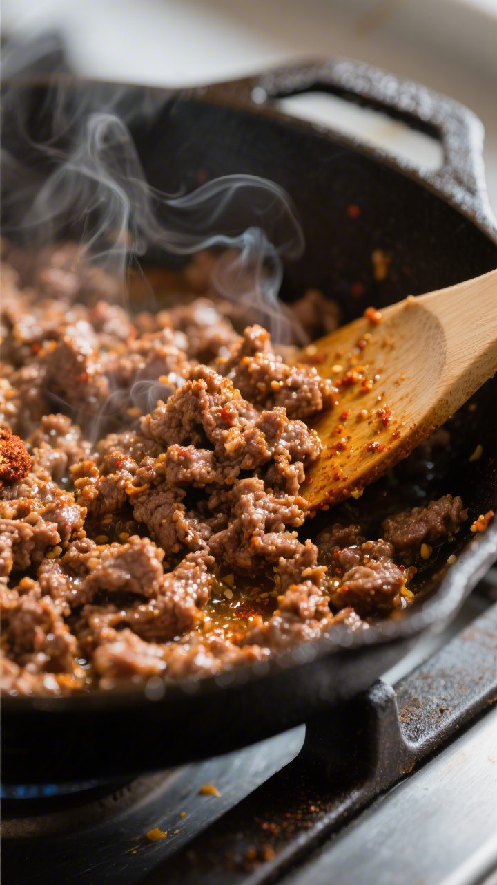 Cooking process close-up: Seasoned ground beef sizzling in a cast-iron skillet, taco-spiced crumbles
