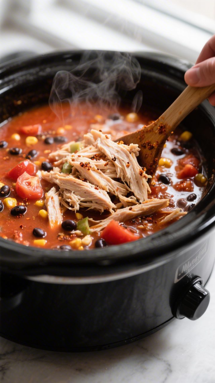 Cooking process close-up: Shredded chicken being stirred back into a simmering slow cooker of chicke