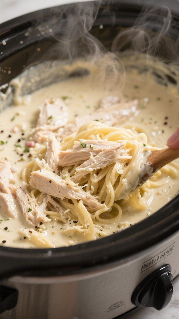 Cooking process close-up: Shredded crockpot chicken being folded back into a glossy Alfredo sauce in