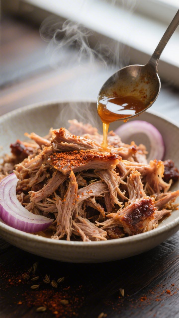 Cooking process close-up: Shredded pulled pork just after slow cooking, glistening and steaming in a