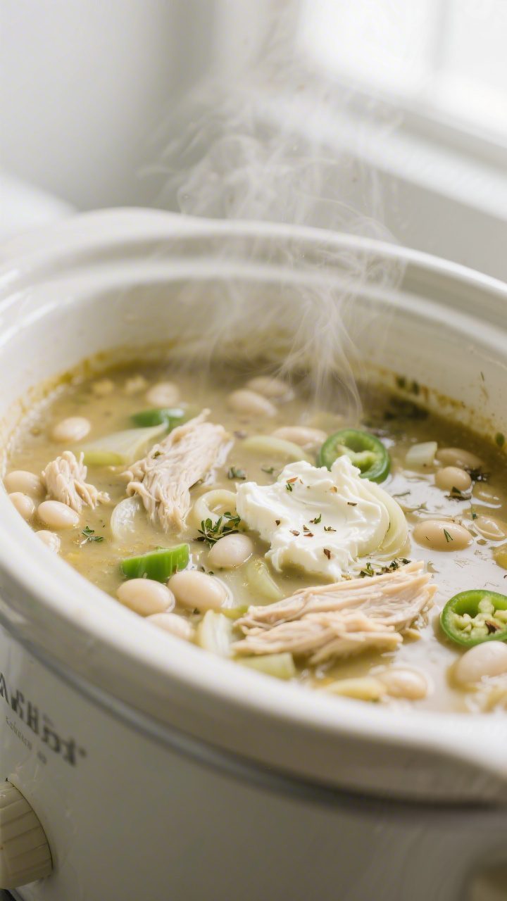 Cooking process close-up: Slow cooker white chicken chili mid-simmer, tender shredded chicken just r