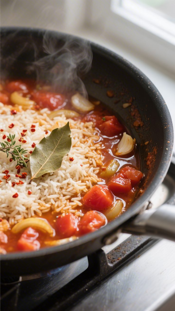 Cooking process close-up: Steaming tomato rice simmering in a deep, heavy-bottomed skillet on low he