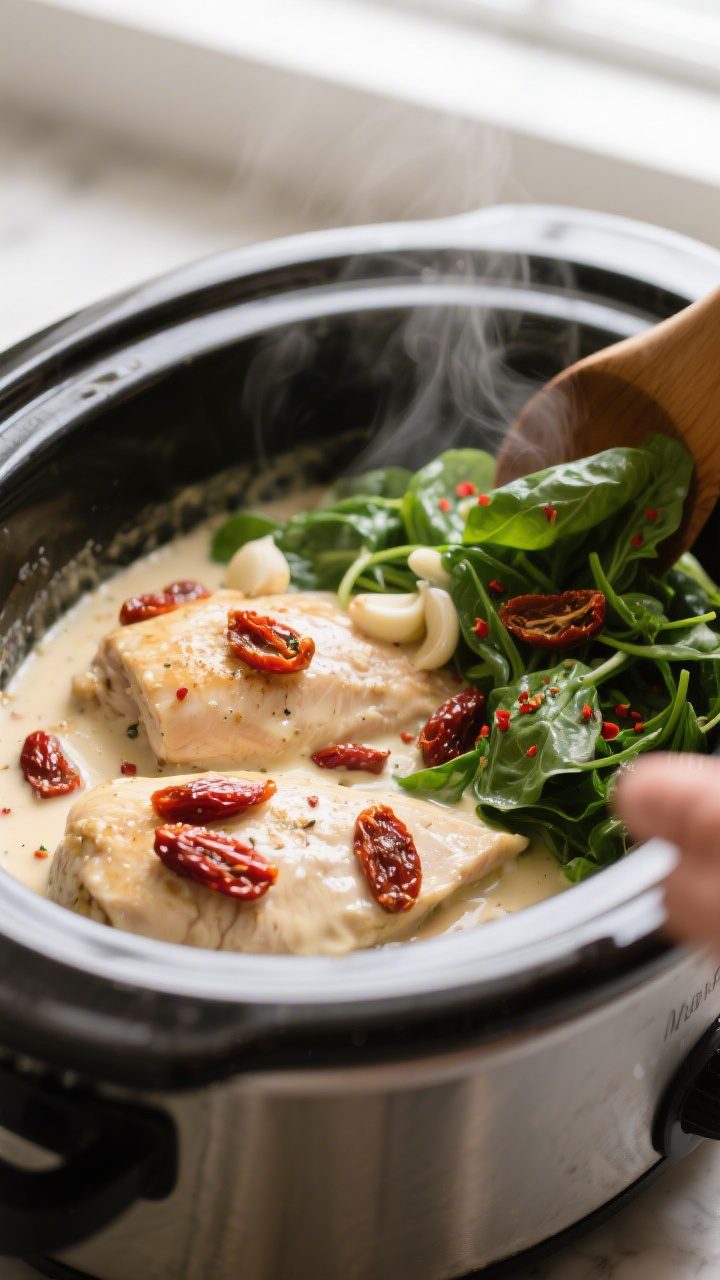 Cooking process close-up: Tender crockpot Tuscan chicken breasts just after cooking, bathed in a glo