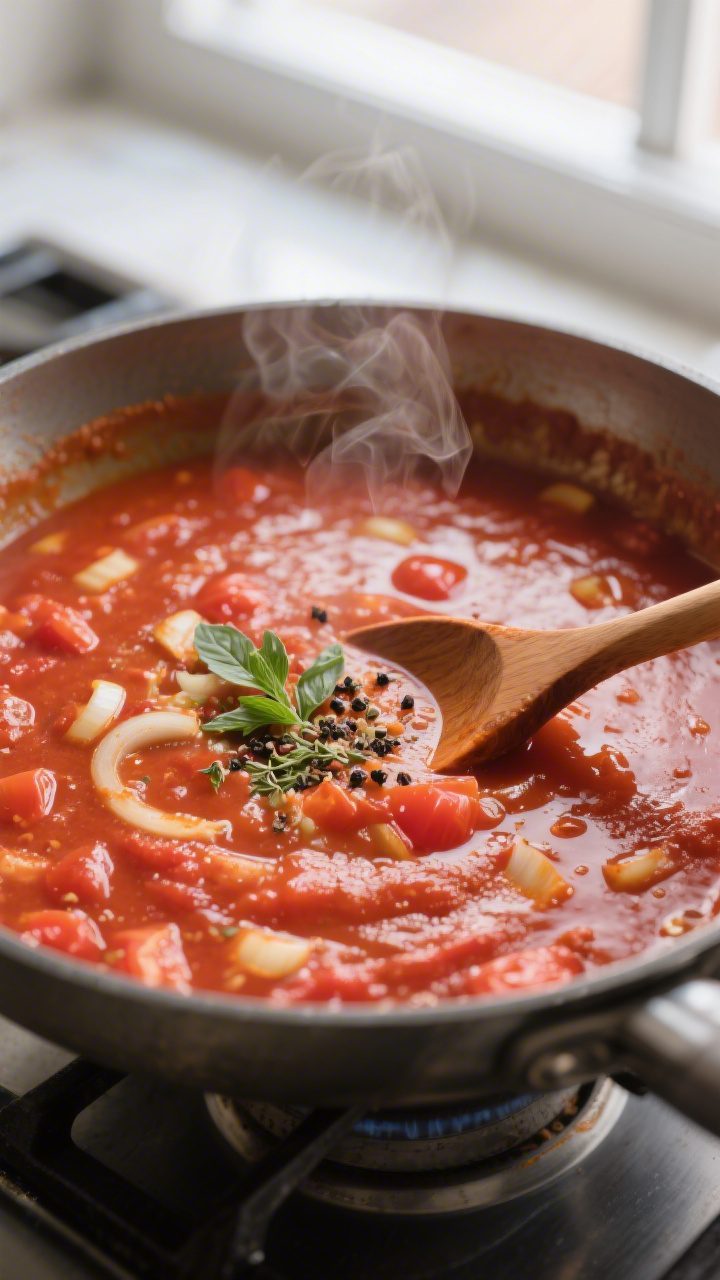 Cooking process close-up: Tomato soup simmering in a wide, heavy pot after the tomato paste has been