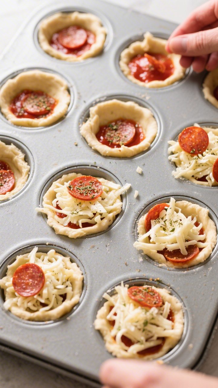 Cooking process, mid-assembly: Overhead shot of a greased 12-cup muffin tin filled with formed dough