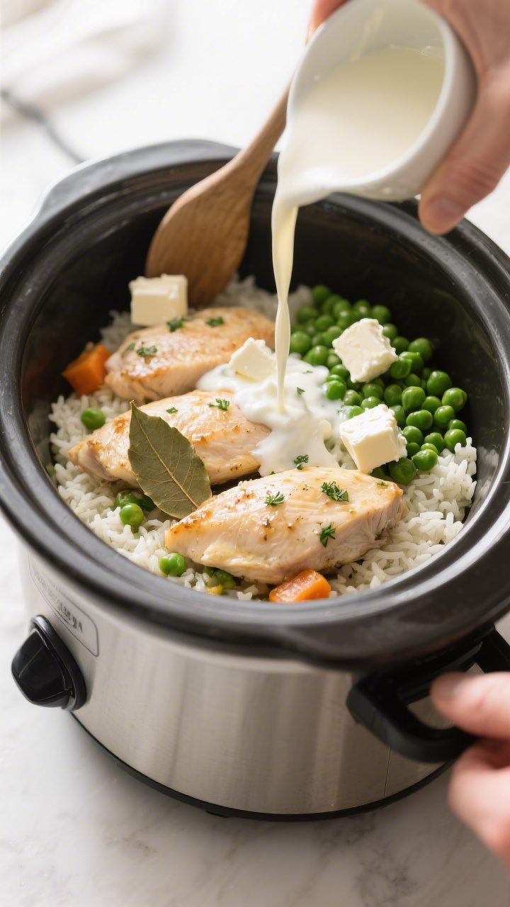 Cooking process: Overhead, mid-cook scene in the slow cooker with chicken breasts nestled over simme