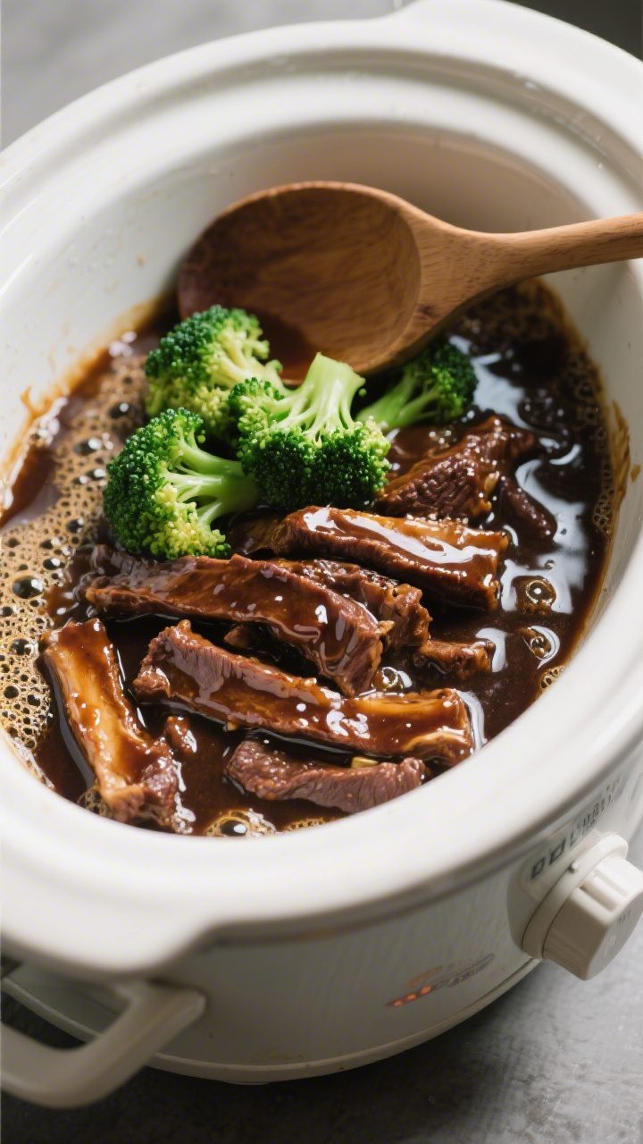 Cooking process: Overhead shot inside a crockpot right after adding the cornstarch slurry—sauce vi
