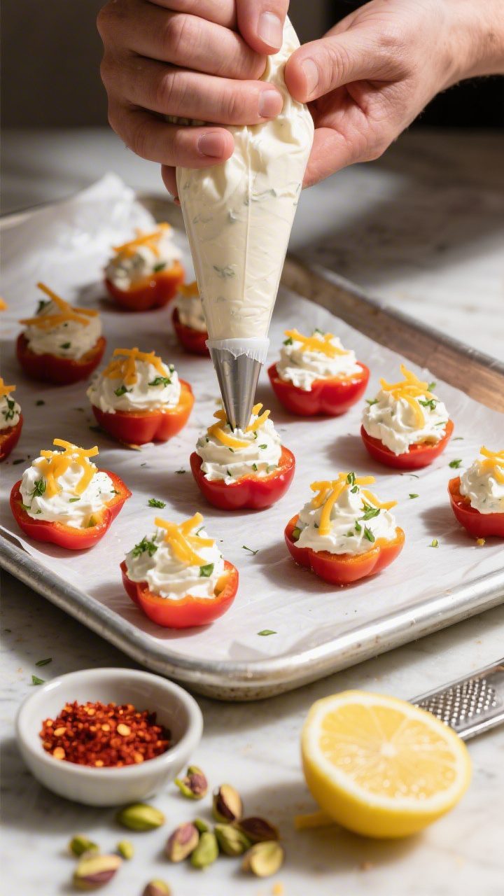 Cooking process: Overhead shot of a piping bag filling neatly trimmed mini pepper halves on a parchm