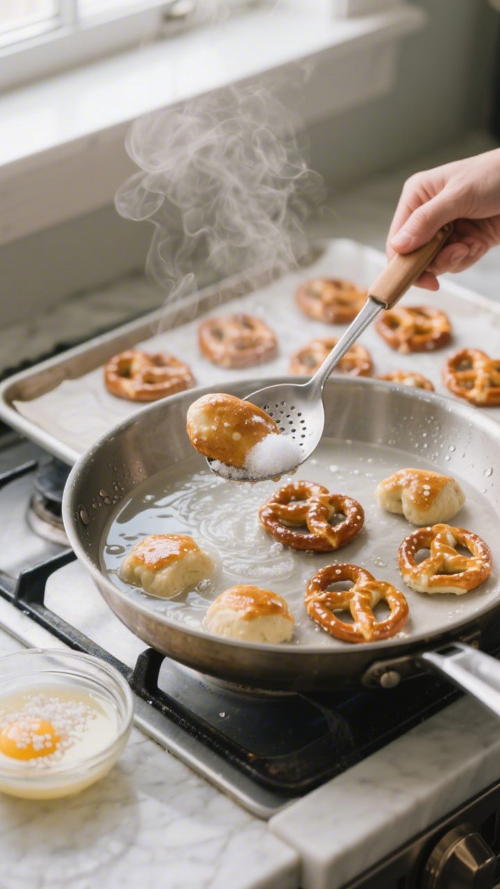 Cooking process: Overhead shot of bite-sized pretzel dough pieces being lifted from a simmering baki