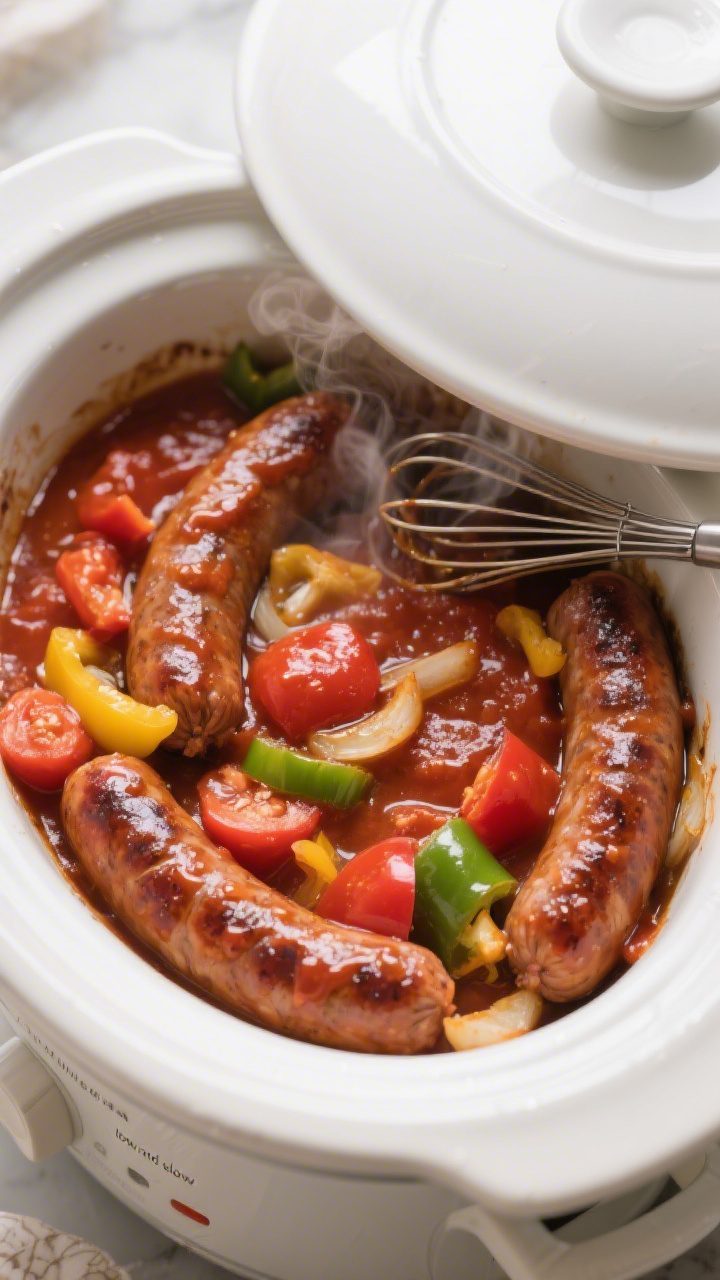 Cooking process: Overhead shot of browned sausage links nestled into a slow cooker with peppers and