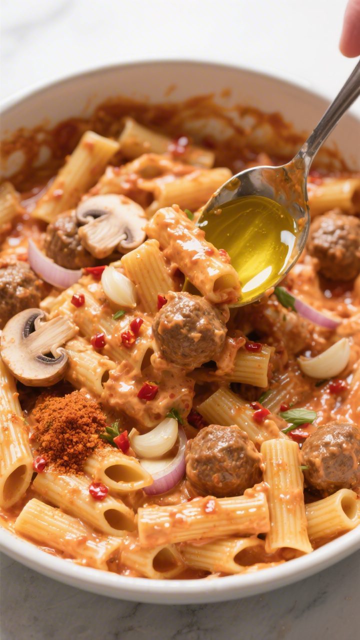 Cooking process: Overhead shot of saucy ziti being tossed in a large bowl right before layering—sh