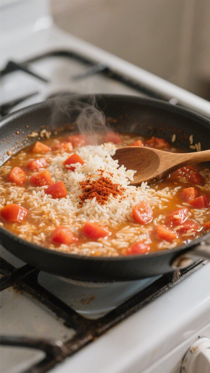 Cooking process: Overhead shot of the rice-and-tomato mixture simmering in a large, heavy-bottomed s