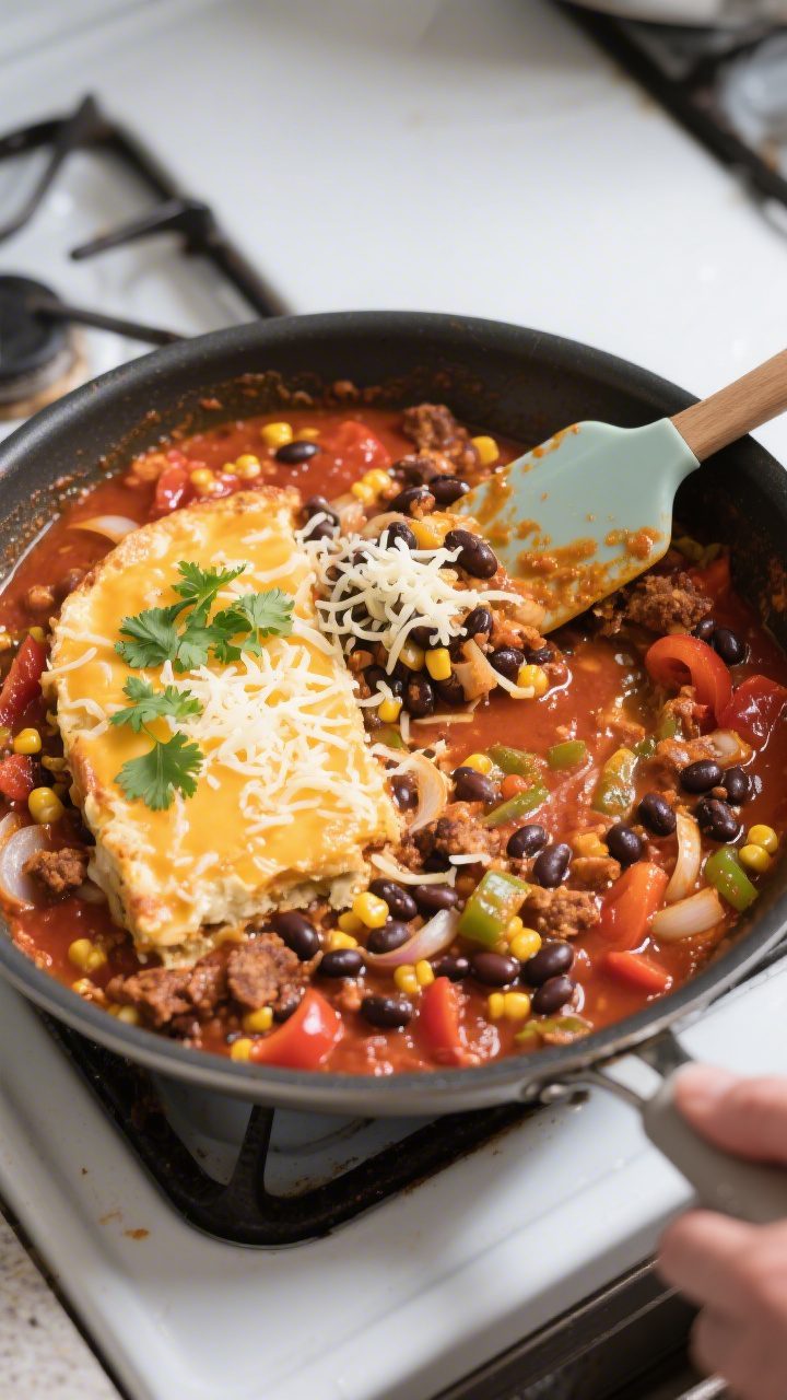 Cooking process: Overhead shot of the skillet right after “build the sauce” and “stir in beans