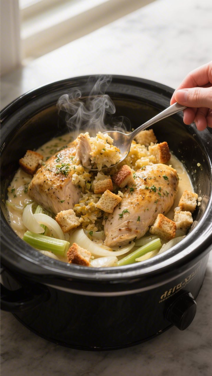 Cooking process, overhead shot: Slow cooker filled with tender, seasoned chicken breasts nestled ove