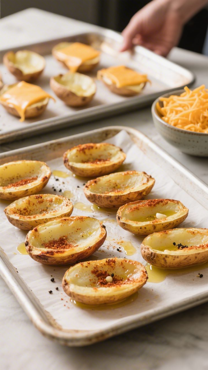 Cooking process: Potato skins on a parchment-lined sheet pan mid-step, flipped cut-side down to cris