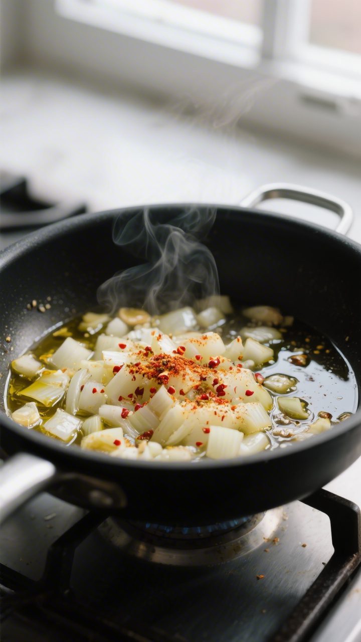 Cooking process — Sautéing aromatics and blooming spices: Close-up of diced onions and minced gar