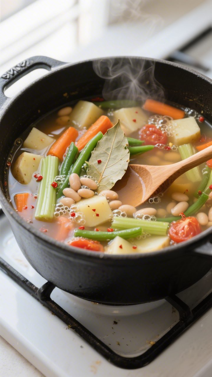 Cooking process shot: A steaming pot of vegetable soup mid-simmer, overhead angle, showing tender po