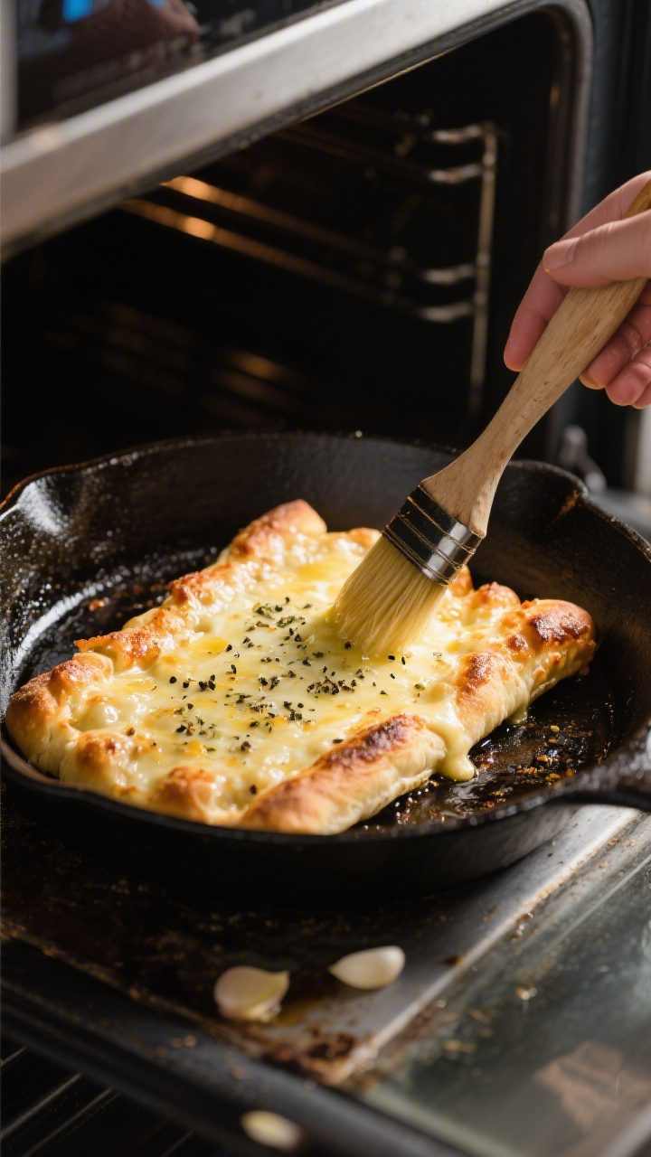 Cooking process shot: Breadstick base on a lightly oiled cast-iron skillet mid-bake, cheese fully me