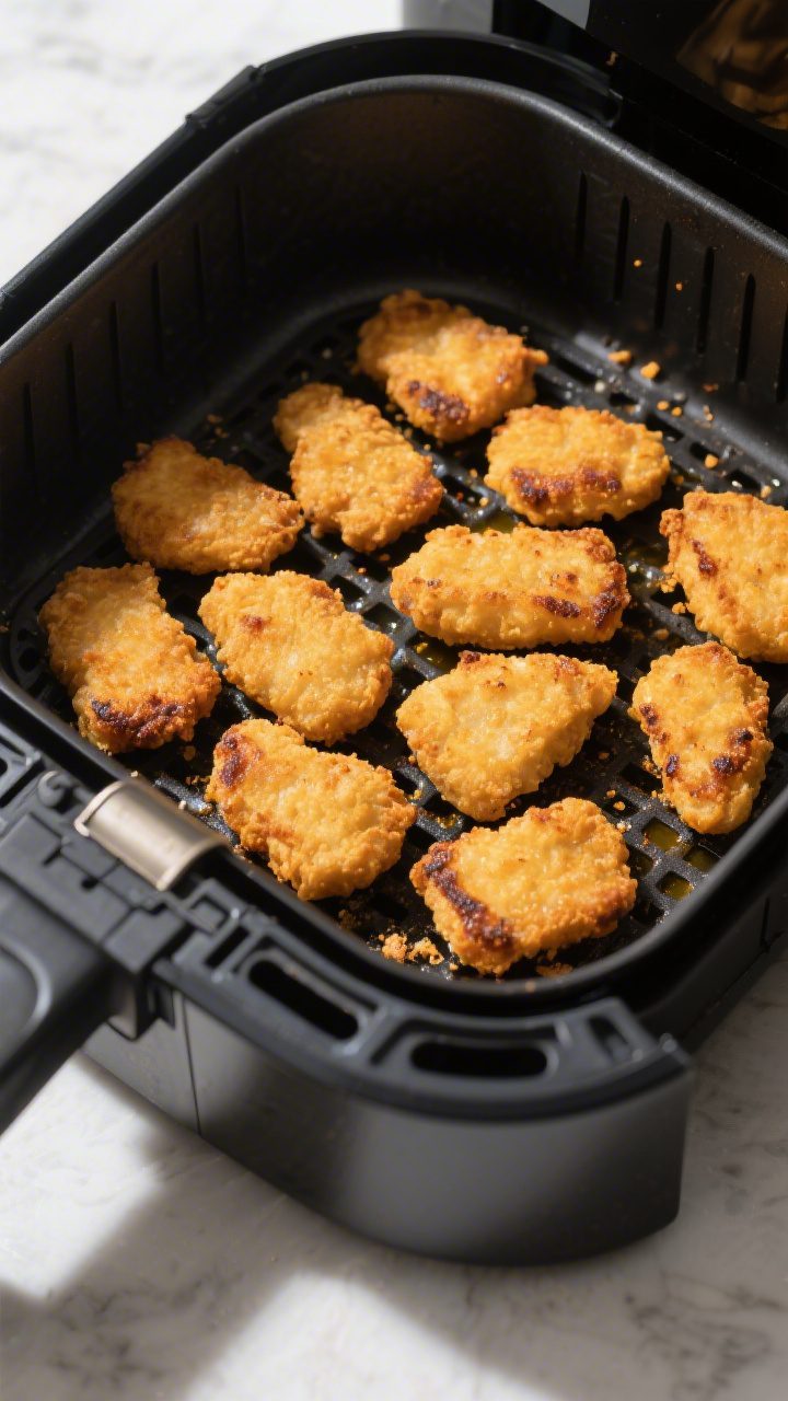 Cooking process shot: golden chicken nuggets in an air fryer basket midway through cooking at 400°F