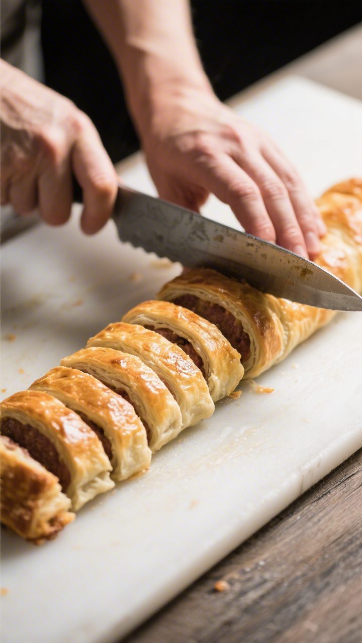 Cooking process shot: Overhead view of chilled sausage roll logs being sliced into