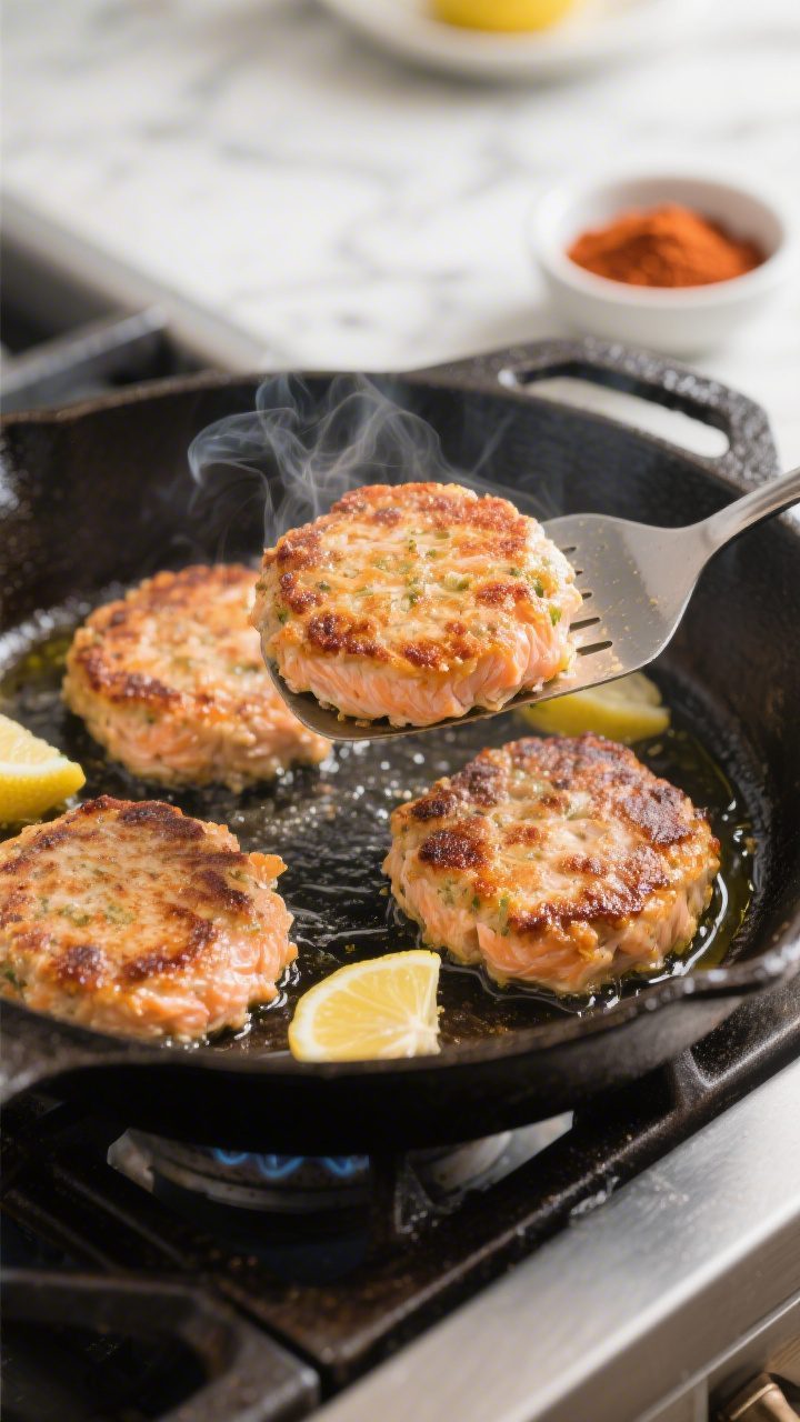 Cooking process shot: Salmon patties sizzling in a cast-iron skillet over medium heat, 3 to 4 pattie