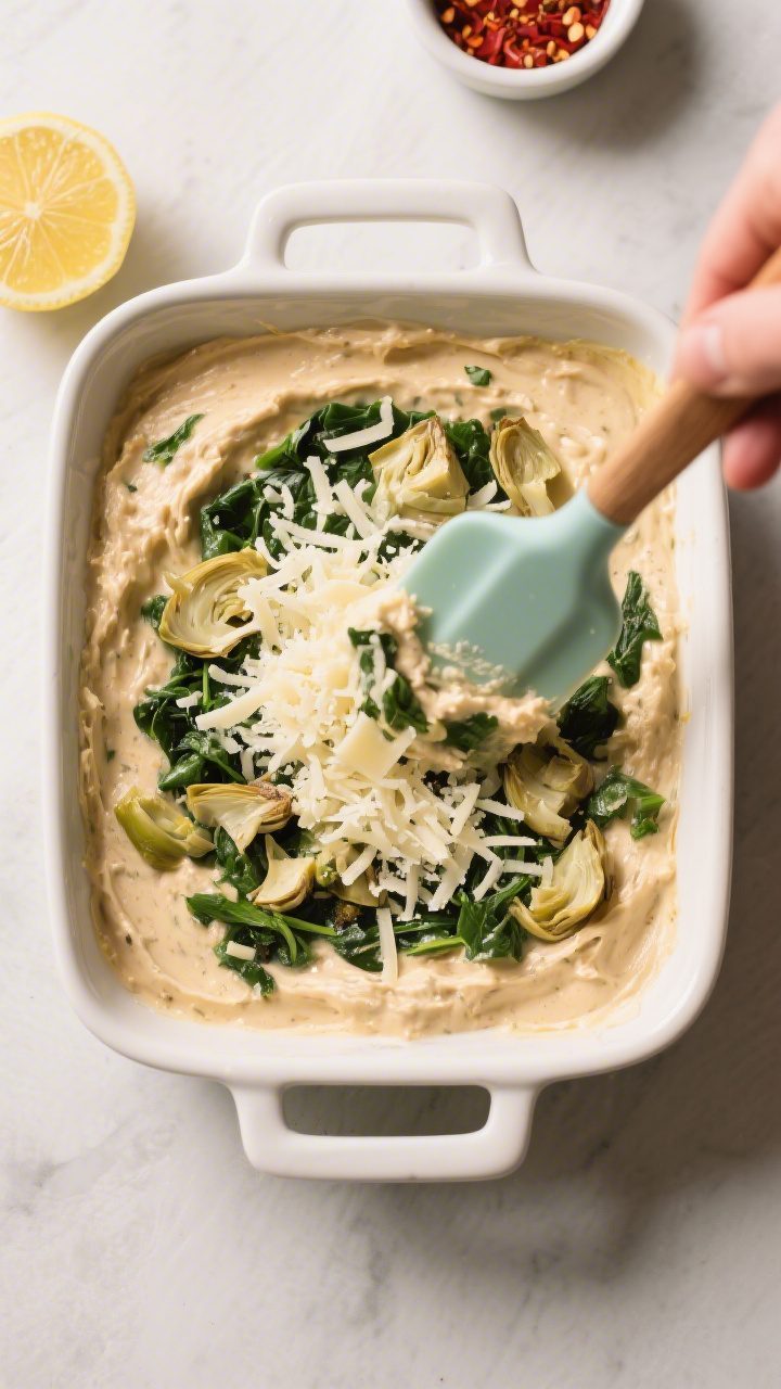 Cooking process shot: the mixed dip being spread into a lightly greased 8x8 ceramic baking dish with