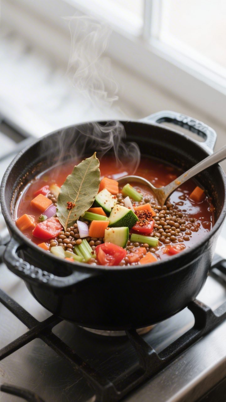 Cooking process — simmering stage: A large matte-black Dutch oven at a gentle simmer filled with l