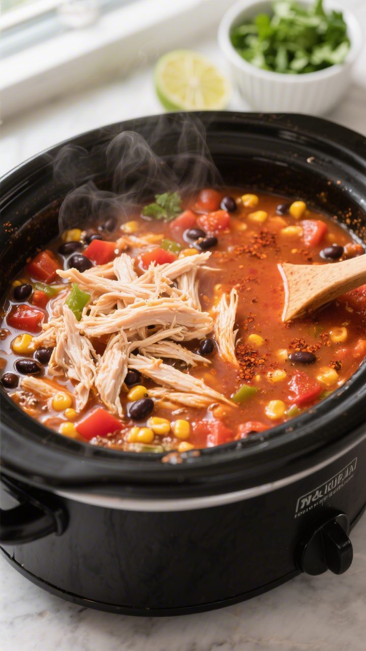 Cooking process — slow cooker action: Close-up of bubbling chicken tortilla soup inside a sleek bl