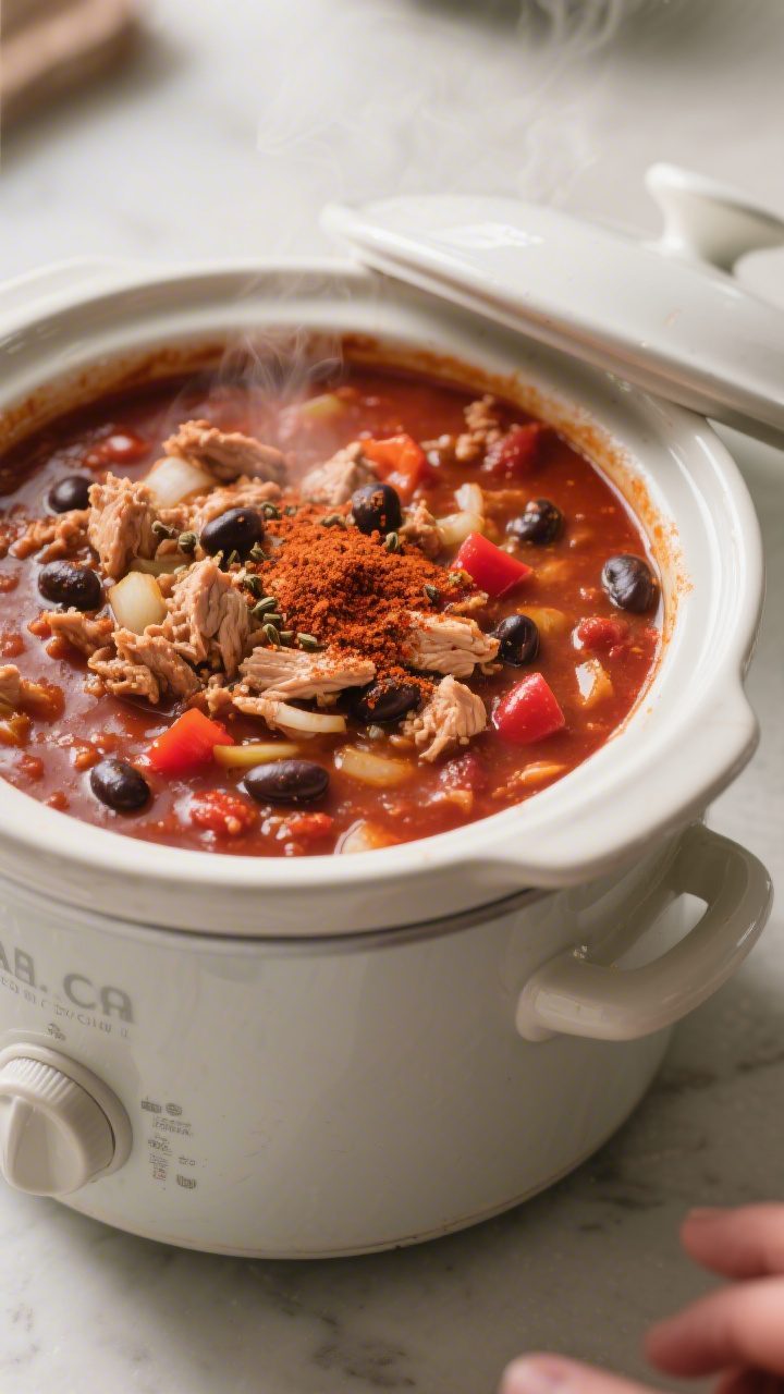 Cooking process: Slow cooker turkey chili mid-simmer inside a 6-quart ceramic crock, thick, brick-re