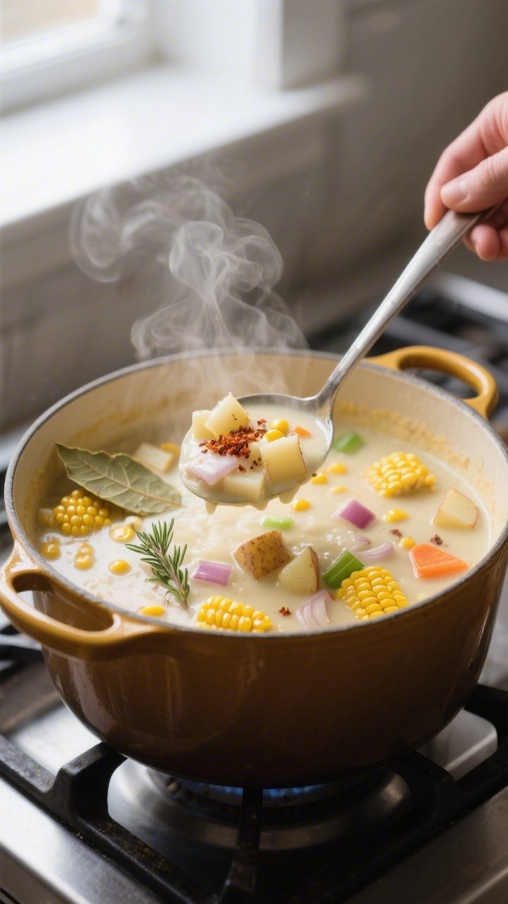 Cooking process, stovetop action: A Dutch oven of simmering corn chowder mid-cook with tender Yukon