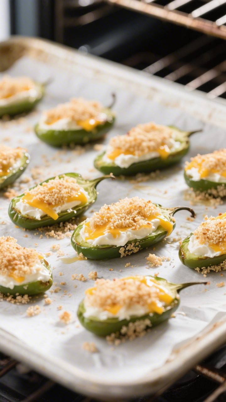 Cooking process: Stuffed jalapeño halves on a parchment-lined sheet pan just before baking, evenly