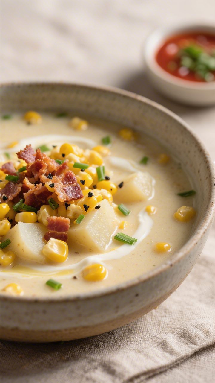 Final bowl, cozy close-up: Close-up of a deep ceramic bowl of creamy corn chowder, ultra-highlightin