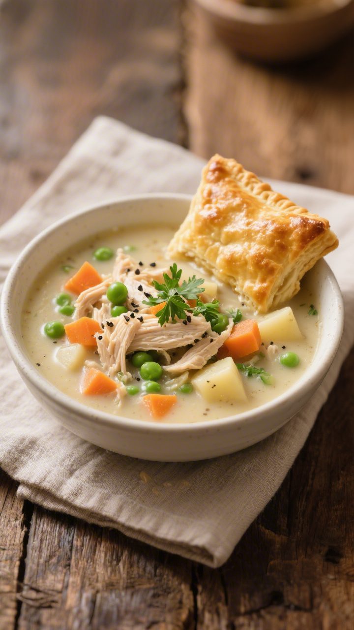 Final dish beauty plate: A cozy bowl of Chicken Pot Pie Soup ladled thick and creamy, brimming with