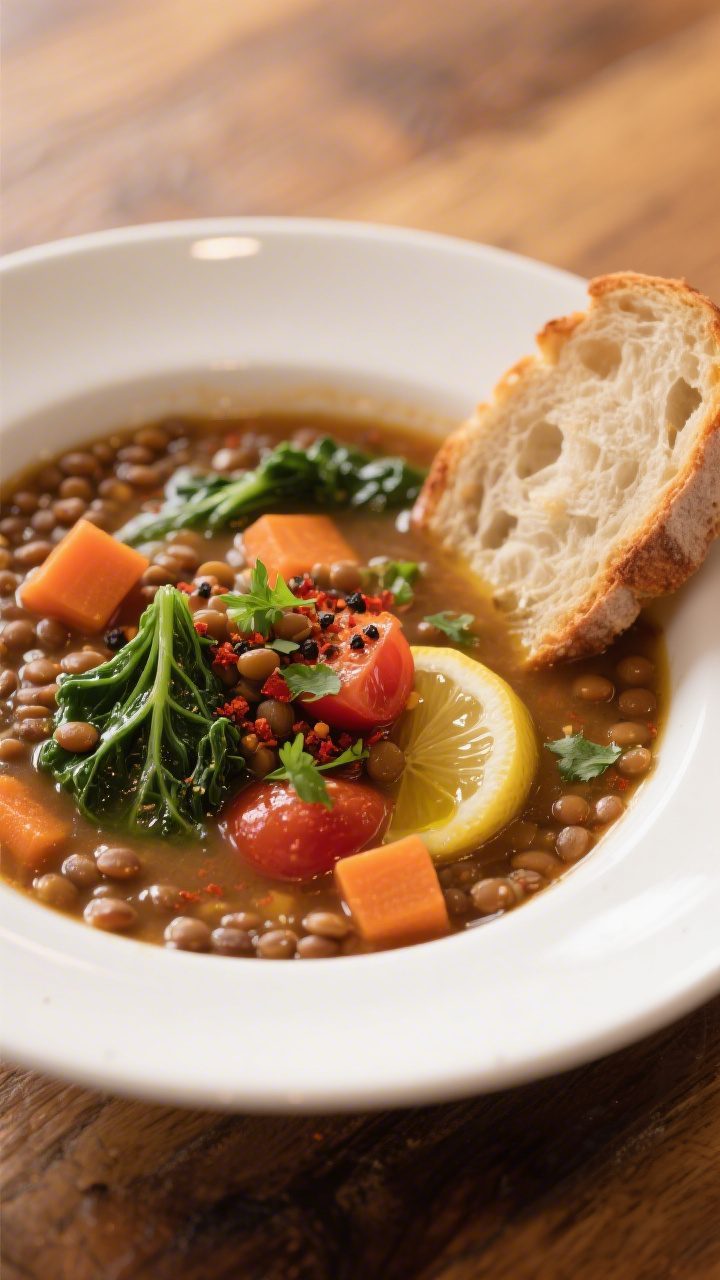 Final dish — plated bowl shot: A cozy, restaurant-quality bowl of Easy Lentil Vegetable Soup, thic