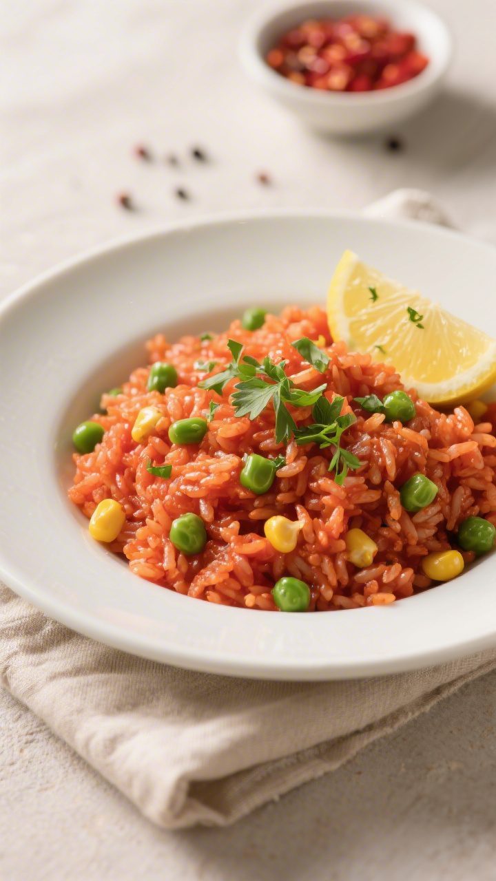 Final dish plated: Canned Tomato Rice Skillet fluffed and finished, presented in a wide, shallow whi